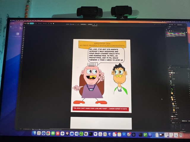 Software workspace showing cartoon design and production workflow with character assets, props, and layout templates organized on screen, demonstrating the digital illustration process using vector graphics and publishing tools
